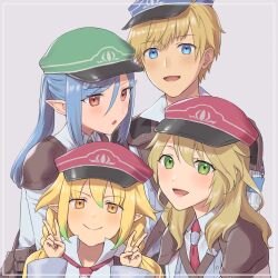 Rule 34 | 1boy, 3girls, :d, alice (rune factory), ares (rune factory), blonde hair, blue eyes, blue hair, blue headwear, blush, closed mouth, collared shirt, commentary request, double v, elf, gradient hair, green eyes, green hair, green headwear, grey background, hair between eyes, hat, highres, livia (rune factory), long hair, long sleeves, looking at viewer, multicolored hair, multiple girls, open mouth, peaked cap, pointy ears, ponytail, red eyes, red headwear, rune factory, rune factory 5, scarlett (rune factory), shirt, short hair, shoulder pads, simple background, smile, tanabe rf, upper body, v, white shirt, yellow eyes