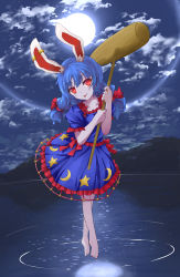 Rule 34 | 1girl, a-lapin, animal ears, barefoot, blue dress, blue hair, bow, rabbit ears, cloud, dress, earclip, fisheye, floating, full body, full moon, hair bow, hammer, head tilt, highres, kine, lake, legs, looking at viewer, lunar halo, mallet, moon, moon print, moonlight, mountain, mountainous horizon, night, night sky, outdoors, pale skin, print dress, red eyes, reflection, ripples, seiran (touhou), short sleeves, silhouette, sky, solo, split ponytail, star (sky), star (symbol), star print, starry sky, starry sky print, tongue, tongue out, touhou, water