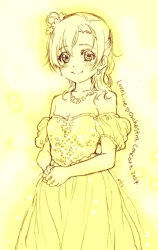 Rule 34 | 1girl, bare shoulders, blush, closed mouth, commentary, cowboy shot, dress, earrings, english commentary, highres, jewelry, kosaka honoka, looking at viewer, love live!, love live! school idol project, necklace, nishida asako, off-shoulder dress, off shoulder, sketch, smile, solo, yellow theme