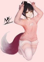 Rule 34 | 1girl, arms up, artist name, brown background, brown eyes, brown hair, closed mouth, fang, fang out, fox tail, hair bun, highres, index finger raised, long sleeves, looking at viewer, no shoes, original, pink shirt, shimmer, shirt, short shorts, shorts, sidelocks, signature, single hair bun, sleeves past wrists, solo, tail, thighhighs, white shorts, white thighhighs