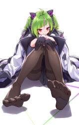 Rule 34 | 1girl, absurdres, ahoge, animal ears, black gloves, black pantyhose, black skirt, blunt ends, cat ears, coat, collared shirt, commentary, curry bowl, delutaya, diagonal bangs, drill hair, earrings, fake animal ears, fang, feet, full body, gloves, green hair, hair ornament, hairclip, half gloves, hands on own knees, highres, indie virtual youtuber, jewelry, knees together feet apart, knees up, lapels, looking at viewer, medium hair, miniskirt, multicolored hair, no shoes, notched lapels, pantyhose, pink hair, pleated skirt, red eyes, shirt, simple background, sitting, skin fang, skirt, smile, soles, solo, star (symbol), star earrings, streaked hair, symbol-only commentary, triangle hair ornament, twin drills, v-shaped eyebrows, virtual youtuber, white background, white coat, white shirt