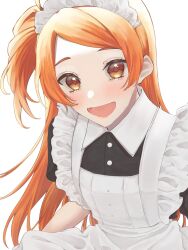 Rule 34 | 1girl, alternate costume, apron, blush, breasts, dress, enmaided, highres, idolmaster, idolmaster million live!, long hair, looking at viewer, maid, maid headdress, ogami tamaki, one side up, orange hair, peroyoshi, pinafore dress, puffy short sleeves, puffy sleeves, short sleeves, simple background, sleeveless dress, small breasts, smile, solo, swept bangs, upper body, very long hair, white apron, white background