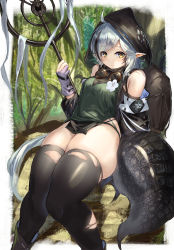 Rule 34 | 1girl, absurdres, ahoge, arknights, bare shoulders, black thighhighs, commentary, crocodilian tail, feet out of frame, highres, holding, holding staff, hood, huge filesize, large tail, long hair, looking at viewer, pointy ears, silver hair, skindentation, solo, staff, tail, taku57, thick thighs, thighhighs, thighs, tomimi (arknights), torn clothes, torn thighhighs, very long hair, yellow eyes