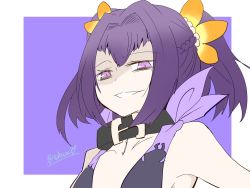 Rule 34 | 1girl, bare shoulders, belt, black neckwear, black thighhighs, bracelet, choker, flower, hair ornament, highres, jewelry, mole, mole under eye, nail polish, pale skin, purple eyes, purple hair, red nails, revealing clothes, short hair, smile, solo, symonne (tales), tales of (series), tales of zestiria, thighhighs, tubasa49, twintails
