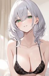 1girl aria_(ariacue) bare_shoulders black_bra bra breasts cleavage collarbone commentary_request crossed_bangs double-parted_bangs fanged_bangs green_eyes grey_hair hair_between_eyes highres hololive lace lace_bra large_breasts looking_at_viewer medium_hair parted_lips shirogane_noel solo underwear upper_body virtual_youtuber