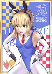 1girl ahoge animal_ears armpits artoria_pendragon_(all) artoria_pendragon_(fate) blonde_hair blue_leotard bowlegged_pose braid braided_bun breasts cleavage collar covered_navel detached_collar elbow_gloves fake_animal_ears fate/grand_order fate_(series) gloves green_eyes hai_(h81908190) haigure_pose hair_bun hair_ribbon highleg highleg_leotard highres leotard necktie open_mouth pantyhose playboy_bunny rabbit_ears red_necktie ribbon saber_(fate) sidelocks single_hair_bun small_breasts solo white_collar white_pantyhose