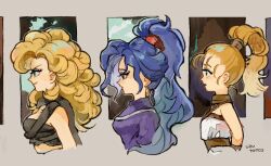 Rule 34 | 3girls, artist name, ayla (chrono trigger), blonde hair, blue hair, chrono trigger, closed mouth, commentary request, cropped torso, eyelashes, grey background, high ponytail, highres, long hair, marle (chrono trigger), multiple girls, open mouth, schala zeal, simple background, twitter username, upper body, uzutanco