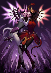 Rule 34 | 2girls, absurdres, alternate costume, armor, arms up, black hair, bodysuit, boots, breasts, brown legwear, closed mouth, dark persona, demon girl, demon horns, demon tail, devil mercy, eyeshadow, facial mark, faulds, forehead mark, full body, gloves, glowing, glowing wings, hand on another&#039;s cheek, hand on another&#039;s face, high heel boots, high heels, highres, horns, imp mercy, knee boots, knee pads, leg up, lian ju, loincloth, long sleeves, looking at viewer, makeup, mechanical wings, medium breasts, mercy (overwatch), multiple girls, official alternate costume, overwatch, overwatch 1, pantyhose, parted lips, pelvic curtain, ponytail, purple eyes, purple footwear, purple lips, red bodysuit, red eyes, red gloves, red lips, red wings, shards, short hair, spread wings, tail, turtleneck, white footwear, white legwear, wings