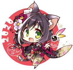 Rule 34 | 1girl, 2020, animal ear fluff, animal ears, blush, brown hair, cat ears, cat tail, chibi, commentary request, fang, floral print, flower, green eyes, hair flower, hair ornament, japanese clothes, karyl (new year) (princess connect!), karyl (princess connect!), kimono, komowata haruka, looking at viewer, multicolored hair, obi, open mouth, outstretched arm, princess connect!, red background, sash, skin fang, solo, swept bangs, tail, two-tone hair, v-shaped eyebrows, white hair