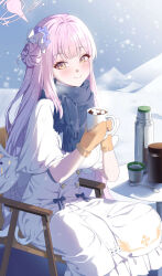 Rule 34 | 1girl, absurdres, black scarf, blue archive, blush, capelet, closed mouth, cup, day, dress, flower, ggoong (pooplambgoong22), hair bun, hair flower, hair ornament, halo, highres, holding, holding cup, long hair, looking at viewer, mika (blue archive), mittens, orange mittens, outdoors, pink hair, pink halo, purple flower, scarf, single side bun, smile, solo, white capelet, white dress, yellow eyes