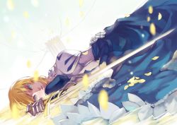 Rule 34 | 1girl, ahoge, armor, armored dress, artoria pendragon (fate), blonde hair, blue eyes, dress, excalibur (fate/stay night), fate/zero, fate (series), gauntlets, green eyes, hair ribbon, joseph lee, lying, petals, ribbon, saber (fate), solo, sword, weapon