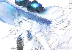 Rule 34 | 1girl, abyssal ship, blue theme, blush, dress, eyes visible through hair, flower, from side, gloves, hat, hat flower, kantai collection, long hair, looking at viewer, looking to the side, mirutu, monochrome, seaport summer princess, signature, smile, solo, sun hat, sundress