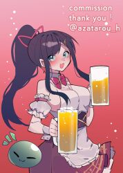 Rule 34 | 1girl, alcohol, apron, azatarou h, beer, beer mug, bow, breasts, brown skirt, commission, cup, detached sleeeves, fortissimo, green eyes, hair ornament, hair ribbon, halter shirt, halterneck, high-waist skirt, holding, holding cup, looking to the side, medium breasts, miori celesta, miori celesta (4th costume), mogu (miori celesta), mug, musical note, musical note hair ornament, ponytail, red bow, red hair, ribbon, short sleeves, skeb commission, skirt, smile, solo, treble clef, tsunderia, twitter username, virtual youtuber, wrist cuffs