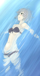 Rule 34 | 1girl, afloat, bandeau, bare shoulders, bikini, blush, breasts, covered erect nipples, floating, front-tie top, green eyes, grey hair, medium breasts, navel, partially submerged, profile, sanya v. litvyak, satou atsuki, short hair, solo, strike witches, submerged, swimsuit, underboob, water, world witches series