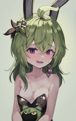Rule 34 | 1girl, :d, absurdres, ahoge, animal ears, bare shoulders, black leotard, blush, breasts, collarbone, collei (genshin impact), commentary, cuilein-anbar (genshin impact), earrings, genshin impact, green background, green hair, gro (lee145879), hair between eyes, hair ornament, highres, jewelry, leotard, long hair, looking at viewer, open mouth, oversized clothes, playboy bunny, purple eyes, rabbit ears, single earring, small breasts, smile, strapless, strapless leotard, sweat, upper body