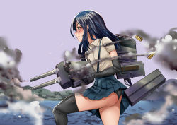 Rule 34 | 10s, 1girl, arm warmers, asashio (kancolle), battle, black hair, black panties, black thighhighs, blue eyes, casing ejection, ginjuuji, highres, kantai collection, long hair, machinery, ocean, open mouth, panties, pleated skirt, school uniform, shell casing, shirt, short sleeves, skirt, smoke, smokestack, solo, suspenders, thighhighs, turret, underwear, water, white shirt