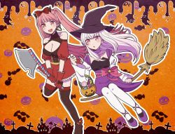 Rule 34 | 2girls, axe, black legwear, bow, breasts, broom, broom riding, candy, cleavage, costume, dress, earrings, fang, female focus, fire emblem, fire emblem: three houses, food, gloves, hair bow, halloween, halloween bucket, halloween costume, hat, highres, hilda valentine goneril, holding, holding axe, hoop earrings, hotatechoco (hotariin), jack-o&#039;-lantern, jewelry, large breasts, long hair, long sleeves, lysithea von ordelia, matching hair/eyes, multiple girls, nintendo, open mouth, pink eyes, pink hair, red gloves, ring, short sleeves, thighhighs, twintails, white hair, white legwear, witch hat