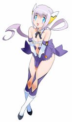 Rule 34 | 1girl, aqua eyes, bare shoulders, between legs, clothing cutout, detached collar, flat chest, floating hair, full body, hand between legs, highres, leotard, long hair, navel cutout, official art, open mouth, otomedius, poini coon, ponytail, purple hair, purple theme, purple thighhighs, revealing clothes, robot ears, simple background, solo, thighhighs, v arms, white background, yoshizaki mine