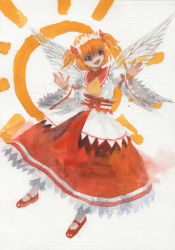 Rule 34 | 1girl, blue eyes, blush, female focus, mary janes, misawa hiroshi, open mouth, orange hair, painting (medium), shoes, short hair, skirt, smile, solo, sun, sunny milk, touhou, traditional media, twintails, watercolor (medium), wings