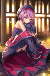 Rule 34 | 1girl, bare shoulders, black thighhighs, blush, boots, fate/grand order, fate (series), hat, helena blavatsky (fate), highres, icomochi, jacket, knee boots, looking at viewer, panties, pantyshot, purple eyes, purple hair, short hair, sitting, smile, solo, strapless, thighhighs, underwear