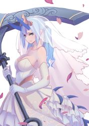 Rule 34 | 1girl, bare shoulders, blue eyes, blue hair, blue horns, breasts, bride, cleavage, closed mouth, dragon girl, dragon horns, dragon tail, dress, elatius the anchorwielder, elbow gloves, fang, from side, gloves, highres, holding, holding scythe, holding weapon, horns, large breasts, long hair, looking at viewer, original, petals, pixiv fantasia, pixiv fantasia revenge of the darkness, scythe, solo, strapless, strapless dress, tail, tiara, twintails, uusquid, wavy hair, weapon, wedding dress
