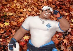 Rule 34 | 1boy, akiha gongen (housamo), alt text, autumn leaves, bandaid, bandaid on face, bandaid on nose, bara, brown eyes, clothes around waist, dark-skinned male, dark skin, facial hair, goatee, grin, horns, jacket, jacket around waist, large pectorals, looking at viewer, lying, male focus, multicolored hair, muscular, muscular male, on back, pectorals, rongjie, scar, scar across eye, scar on face, short hair, single horn, smile, solo, thick eyebrows, tokyo houkago summoners, two-tone hair, white hair