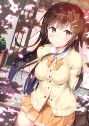 Rule 34 | 1girl, arms behind back, black thighhighs, blush, breasts, briefcase, brown hair, cardigan, cherry blossoms, closed mouth, collared shirt, commentary request, day, dutch angle, flower, hair between eyes, hair ornament, hairclip, hatsuki kaname, highres, long sleeves, looking at viewer, medium breasts, orange neckwear, orange skirt, original, outdoors, petals, pink flower, pleated skirt, red eyes, school briefcase, school uniform, shirt, skirt, smile, solo, thighhighs, white shirt