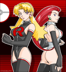 Rule 34 | 2girls, artist request, ass, blonde hair, blue eyes, cassidy (pokemon), creatures (company), earrings, elbow gloves, fingerless gloves, game freak, gloves, jessie (pokemon), jewelry, latex, leotard, long hair, multiple girls, nintendo, no bangs, one-piece swimsuit, one-piece thong, pokemon, purple eyes, red hair, skin tight, smile, swimsuit, team rocket, thighhighs, thong, thong leotard