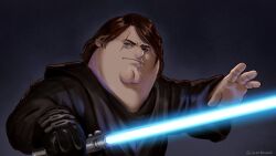Rule 34 | 1boy, anakin skywalker, anakin skywalker (cosplay), black robe, blue eyes, brown hair, cleft chin, closed mouth, cosplay, double chin, energy sword, family guy, fat, fat man, gloves, highres, holding lightsaber, kowai (iamkowai), lightsaber, looking at viewer, male focus, peter griffin, robe, scar, scar across eye, short hair, single glove, solo, star wars, star wars: revenge of the sith, sword, weapon