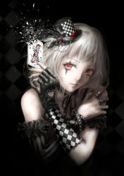 Rule 34 | 1girl, albino, bare shoulders, black gloves, black nails, card, collarbone, female focus, fingerless gloves, frills, gloves, hat, jewelry, looking at viewer, nail polish, nuwanko, original, red eyes, ring, short hair, single glove, smile, solo, tattoo, white hair