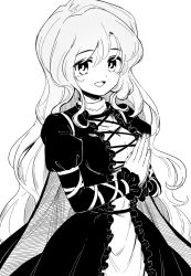 Rule 34 | 1girl, :d, breasts, cape, cleavage, dress, duplicate, frilled dress, frills, greyscale, hair between eyes, hijiri byakuren, juliet sleeves, large breasts, layered dress, long hair, long sleeves, looking at viewer, maguro (mawaru sushi), monochrome, open mouth, own hands together, pixel-perfect duplicate, praying, puffy sleeves, smile, solo, touhou, turtleneck, wavy hair, white background