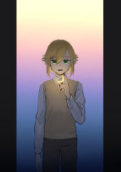 Rule 34 | 1boy, arm at side, black pants, blonde hair, blue background, brown sweater vest, collared shirt, cowboy shot, crescent, glowing, gradient background, green eyes, highres, holding, koze niire, light smile, long sleeves, looking at viewer, male focus, multicolored background, necktie, nijisanji, no jacket, open mouth, pants, pillarboxed, pink background, red necktie, shirt, short hair, sidelocks, solo, standing, sweater vest, uzuki kou, uzuki kou (3rd costume), virtual youtuber, white shirt, yellow background