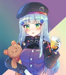 Rule 34 | 1girl, absurdres, beret, black hat, blue hair, blush, breasts, commentary, cup, drink, drinking glass, german flag, girls&#039; frontline, green eyes, hair ornament, hand up, hat, highres, hk416 (girls&#039; frontline), holding, holding cup, hugging object, jacket, kaoling, long hair, long sleeves, looking at viewer, parted lips, purple jacket, small breasts, solo, stuffed animal, stuffed toy, symbol-only commentary, teddy bear, upper body, very long hair