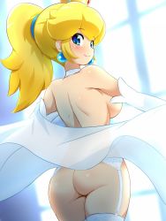 Rule 34 | 1girl, ass, backboob, bad id, bad twitter id, blonde hair, blue eyes, blush, breasts, choker, closed mouth, cowboy shot, crown, earrings, female focus, from behind, garter straps, gem, hair tie, happy, highres, huge ass, inactive account, indoors, jewelry, jpeg artifacts, konpeto, large breasts, looking at viewer, looking back, mario (series), medium breasts, nintendo, ponytail, princess peach, see-through, shiny skin, sidelocks, smile, solo, standing, super mario odyssey, thighhighs, white choker, white thighhighs, wide hips, window