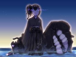 Rule 34 | 10s, 1girl, :o, abyssal ship, ancient destroyer oni, bad id, bad pixiv id, black hair, black legwear, black skirt, blue eyes, breasts, broken, drill hair, dusk, evening, glowing, glowing eyes, hakama, hakama skirt, japanese clothes, kantai collection, kimono, kneeling, long hair, long sleeves, looking up, machinery, mochitsuki (mo chooon), night, night sky, outdoors, partially submerged, side ponytail, skirt, sky, solo, sunset, teeth, water, wide sleeves
