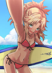 Rule 34 | 1girl, beach, bikini, blonde hair, boro bukuro, day, fang, fate/apocrypha, fate/grand order, fate (series), front-tie top, green eyes, holding, holding behind back, looking at viewer, mordred (fate), mordred (fate) (all), mordred (fate/apocrypha), mordred (swimsuit rider) (fate), mordred (swimsuit rider) (first ascension) (fate), ponytail, reaching, reaching towards viewer, red bikini, selfie, side-tie bikini bottom, solo, surfboard, swimsuit