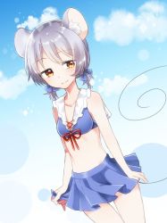 Rule 34 | 1girl, abe suke, alternate hairstyle, animal ears, bare shoulders, bikini, bikini skirt, blue skirt, blue sky, cloud, collarbone, commentary request, cowboy shot, day, grey hair, hair ribbon, light smile, looking at viewer, low twintails, miniskirt, mouse ears, nazrin, ribbon, short hair, short twintails, skirt, sky, solo, stomach, thigh gap, touhou, twintails, yellow eyes