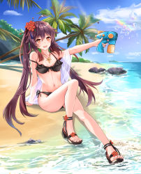 Rule 34 | 1girl, :d, ahoge, alternate costume, armpits, ass, bare shoulders, beach, bikini, black bikini, black footwear, blue sky, blurry, breasts, brown hair, chao ciyuan hai meng xing, cleavage, cloud, cloudy sky, coconut tree, collarbone, commentary request, depth of field, flower, frilled bikini, frills, full body, genshin impact, hair between eyes, hair flower, hair ornament, holding, holding water gun, horizon, hu tao (genshin impact), jewelry, knee up, long hair, looking at viewer, medium breasts, navel, necklace, ocean, open mouth, palm tree, red eyes, sandals, sidelocks, sitting, sky, smile, solo, spaghetti strap, stomach, swimsuit, symbol-shaped pupils, thighs, tree, twintails, water gun