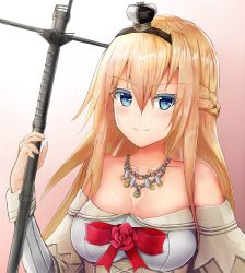 Rule 34 | 10s, 1girl, blonde hair, blue eyes, braid, breasts, crown, dress, flower, french braid, hair between eyes, jewelry, kantai collection, long hair, long sleeves, medium breasts, mini crown, necklace, off-shoulder dress, off shoulder, red flower, red ribbon, red rose, ribbon, rose, scepter, smile, solo, warspite (kancolle), white dress, wrightia