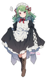Rule 34 | ..., 1girl, apron, black dress, blush, boots, brown footwear, closed mouth, dot mouth, dot nose, dress, full body, green hair, hair ribbon, highres, ikeuchi tanuma, juliet sleeves, long hair, long sleeves, looking at viewer, maid headdress, neck ribbon, original, pointy ears, puffy sleeves, red eyes, red ribbon, ribbon, roze (ikeuchi tanuma), simple background, skirt hold, solo, spoken ellipsis, spoken sweatdrop, sweatdrop, twitter username, white apron, white background