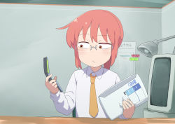 Rule 34 | 1girl, blush, cellphone, closed mouth, collared shirt, commentary request, computer, flat chest, flip phone, fuka (kantoku), glasses, highres, holding, holding phone, kobayashi-san chi no maidragon, kobayashi (maidragon), lamp, looking to the side, medium hair, necktie, office, phone, pink hair, shirt, solo, upper body, white shirt, yellow necktie