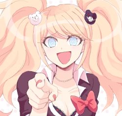 Rule 34 | 10s, 1girl, bad drawr id, bad id, bear hair ornament, blue eyes, bow, breasts, cleavage, danganronpa: trigger happy havoc, danganronpa (series), drawr, enoshima junko, hair ornament, laughing, long hair, looking at viewer, nail polish, necktie, oekaki, open mouth, pink hair, pointing, pointing at viewer, school uniform, skirt, sleeves rolled up, smile, solo, spoilers, tomatok0, twintails