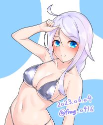 Rule 34 | 1girl, ahoge, bikini, blue eyes, braid, breasts, cleavage, covered erect nipples, furaggu (frag 0416), highres, kantai collection, leaning to the side, long hair, medium breasts, one-hour drawing challenge, parted bangs, silver bikini, solo, swimsuit, twitter username, umikaze (kancolle), very long hair, white hair