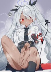 Rule 34 | 1girl, barefoot, between toes, black skirt, black socks, blue archive, blush, chocolate, dark-skinned female, dark skin, demon girl, demon tail, feet, food, foot focus, giving, gloves, grey hair, hair between eyes, hair over one eye, halo, highres, holding, holding food, holding with feet, incoming food, iori (blue archive), liely, long hair, looking at viewer, necktie, no shoes, pleated skirt, red eyes, school uniform, shaded face, shirt, sitting, skirt, socks, solo, spoken squiggle, squiggle, steam, steaming body, tail, toes, twintails, valentine, very long hair