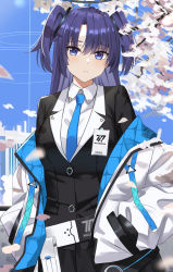 Rule 34 | 1girl, asymmetrical bangs, belt, belt pouch, black skirt, black suit, blue archive, blue jacket, blue necktie, breasts, building, closed mouth, collared shirt, falling petals, formal, gaitoou, hair between eyes, hair ornament, halo, hands in pockets, highres, id card, jacket, layered clothes, long hair, looking at viewer, medium breasts, multicolored clothes, multicolored jacket, necktie, off shoulder, outdoors, petals, pouch, purple eyes, purple hair, shirt, skirt, sky, solo, suit, tree, two side up, upper body, white belt, white jacket, white shirt, yuuka (blue archive)