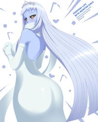 Rule 34 | 10s, 1girl, ass, back, backless dress, backless outfit, black sclera, blue skin, blush, breasts, colored sclera, colored skin, cover, dress, dullahan, elbow gloves, fake cover, female focus, from behind, gloves, highres, lala (monster musume), loen, long hair, looking back, medium breasts, monster girl, monster musume no iru nichijou, solo, standing, tiara, very long hair, wedding dress, white background, white hair, yellow eyes