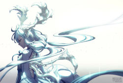 Rule 34 | 1girl, artist name, blue dress, blue hair, blue theme, brown eyes, crystal, dress, fractal, from side, gradient background, horns, long hair, looking down, low-tied long hair, original, ribbon, robe, rosuuri, simple background, solo, upper body, watermark, web address, white background