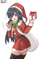 Rule 34 | 1girl, alternate costume, asashio (kancolle), bad id, bad twitter id, black eyes, black hair, black thighhighs, box, christmas, commentary request, cowboy shot, dated, dress, from behind, fur-trimmed dress, fur trim, gift, gift box, hat, highres, kantai collection, long hair, looking at viewer, looking back, meguru (megurunn), one-hour drawing challenge, red dress, red hat, sack, santa costume, santa hat, simple background, smile, solo, standing, thighhighs, twitter username, white background