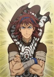 Rule 34 | 1boy, bandaged arm, bandages, blue eyes, brown hair, crossed arms, hairband, looking at viewer, male focus, poncho, shadow of the colossus, smile, solo, upper body, veins, wander (shadow of the colossus), yuu (masarunomori)