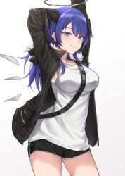 Rule 34 | 1girl, absurdres, arknights, arms up, black jacket, black shorts, blue eyes, blue hair, breasts, commentary request, cowboy shot, grey background, halo, highres, horns, jacket, long hair, long sleeves, looking at viewer, mango (mgo), medium breasts, mostima (arknights), open clothes, open jacket, shirt, short shorts, shorts, simple background, smile, solo, standing, thighs, white shirt